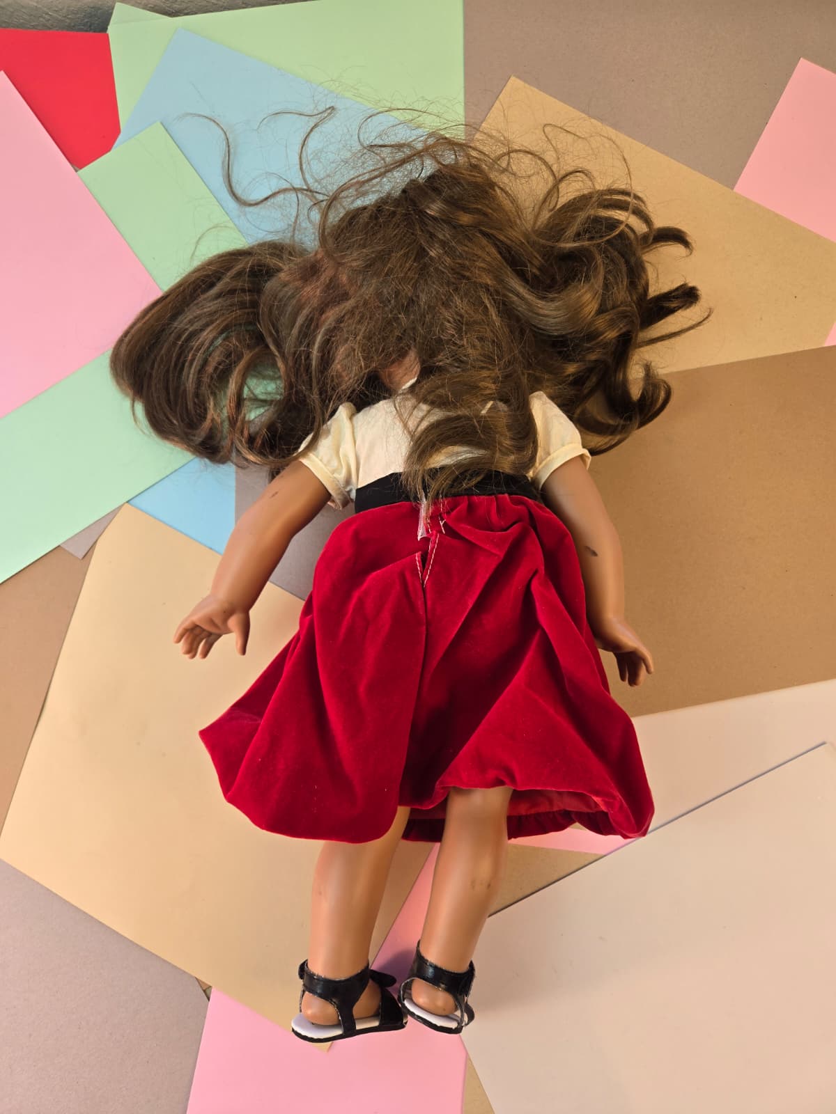 Brunette 18-Inch-Style Doll with Red Velvet-Look Dress