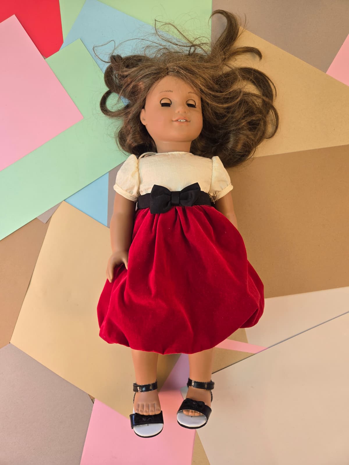 Brunette 18-Inch-Style Doll with Red Velvet-Look Dress