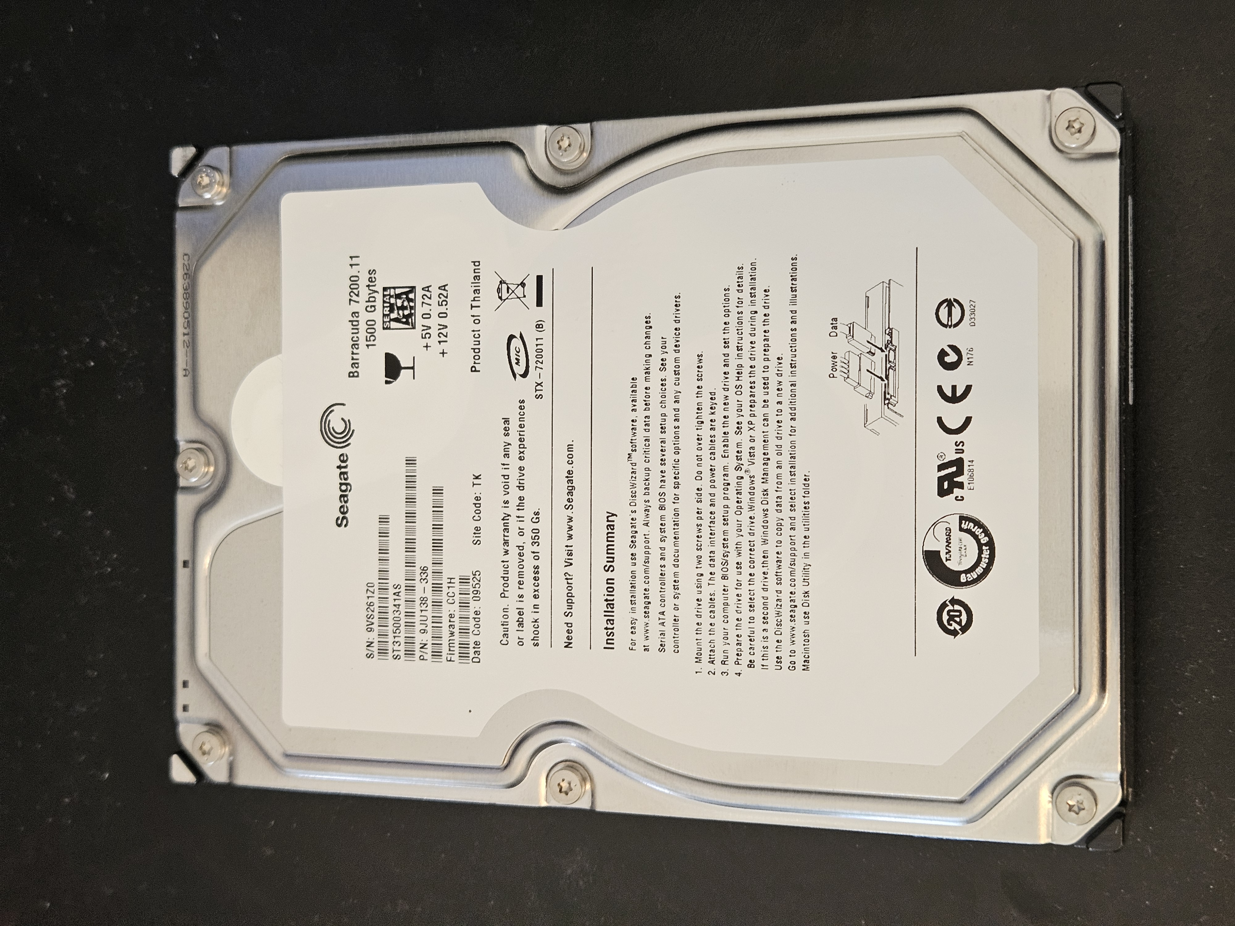 Seagate Barracuda 7200.11 ST31500341AS 1.5TB HDD 9VS261ZU