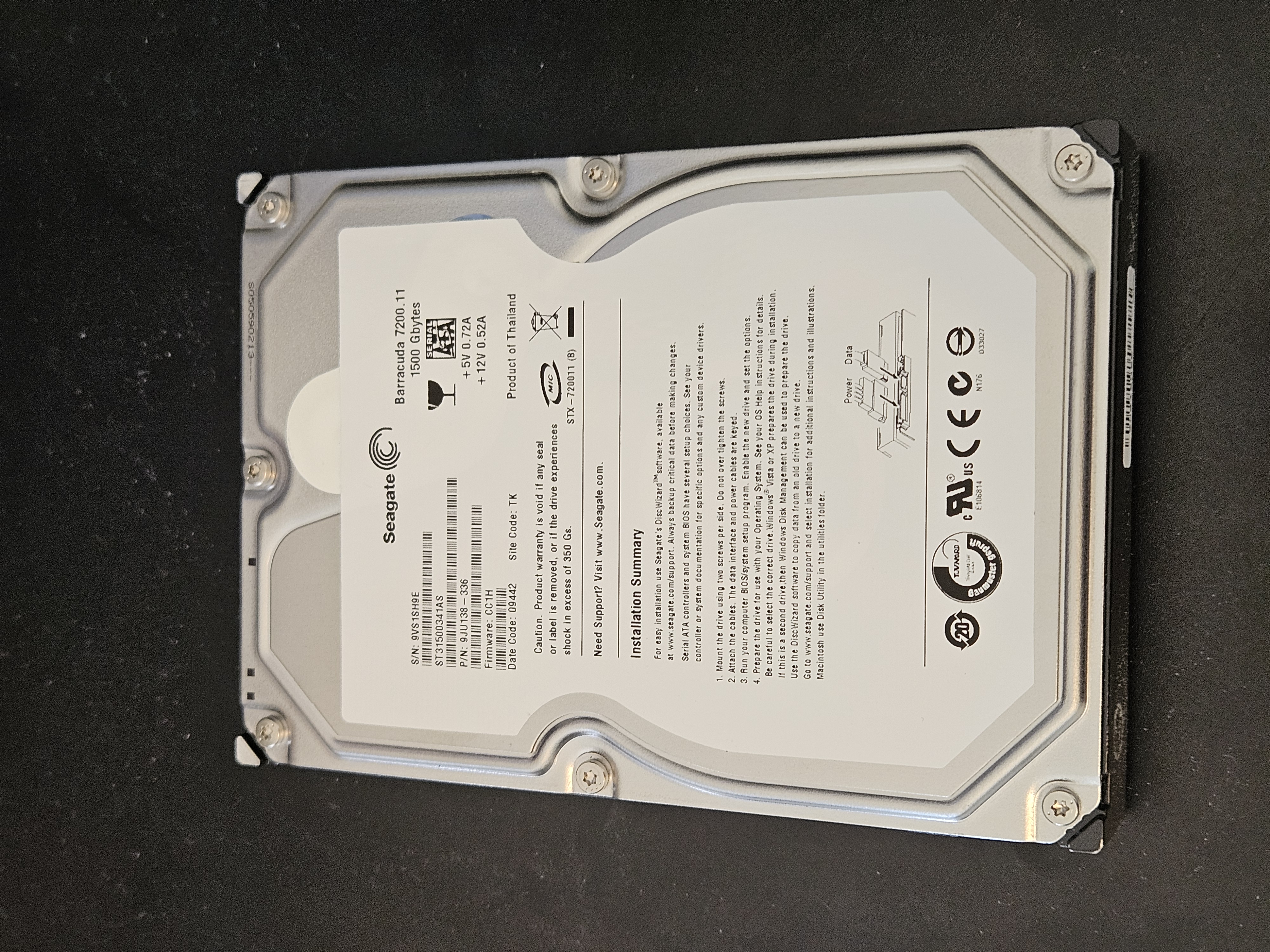 Seagate Barracuda 7200.11 ST31500341AS 1.5TB HDD 9VS1SH9E
