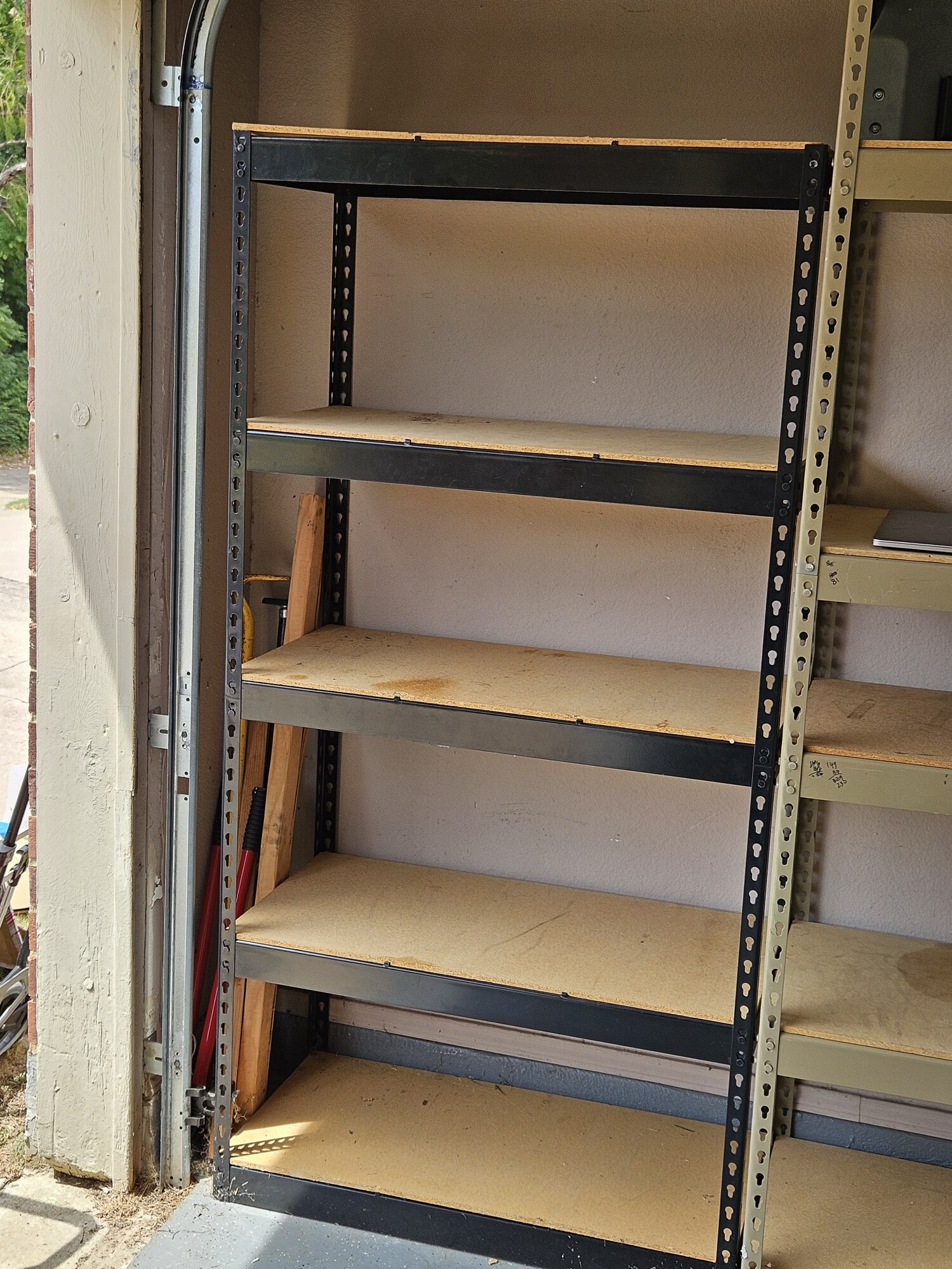 Black Metal Storage Shelf With Particle-Board Shelves
