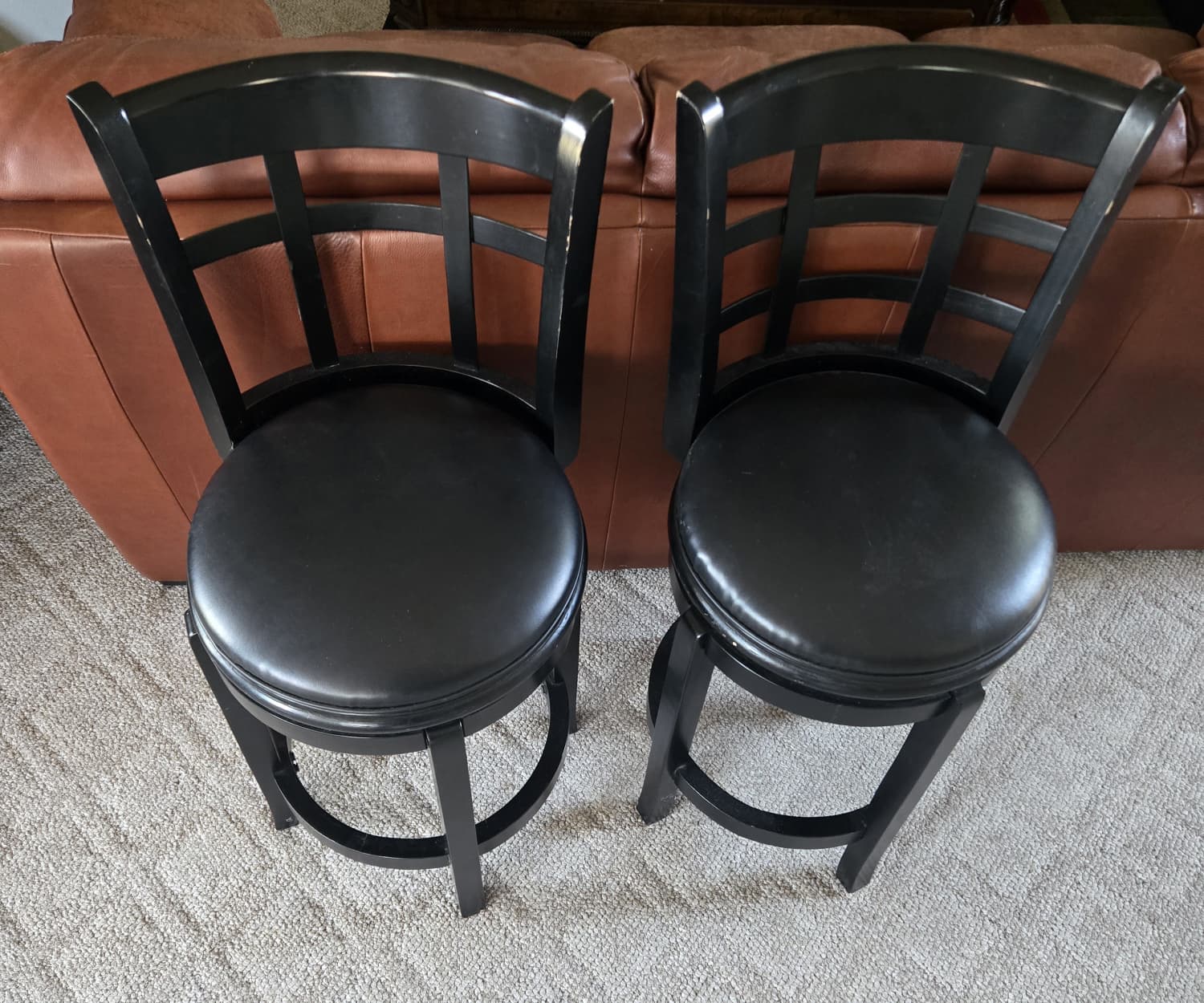 Pair Black Swivel Ladder Back Bar Stools Vinyl Seats